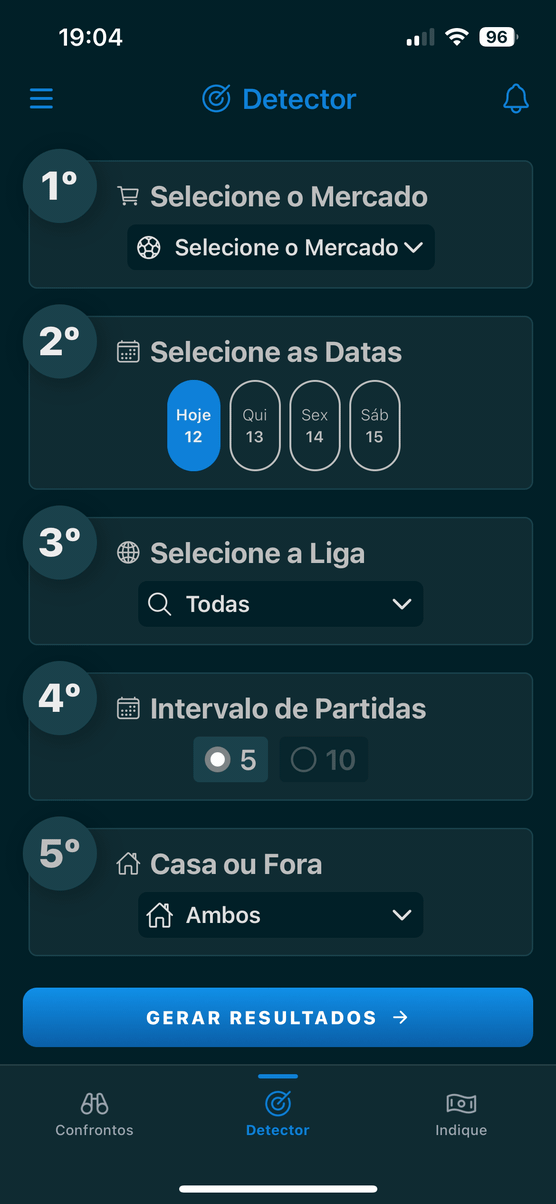 Tela do Detector no app Bet Detector, com os filtros de mercado, datas, liga, intervalo de partidas e casa ou fora